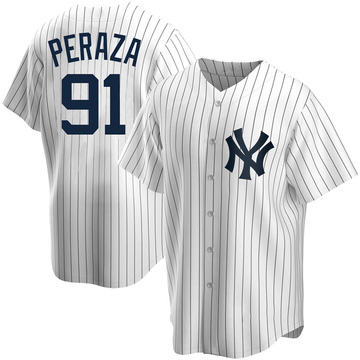 Autographed New York Yankees Oswald Peraza Fanatics Authentic White Nike  Replica Jersey with Bronx Bombers Inscription